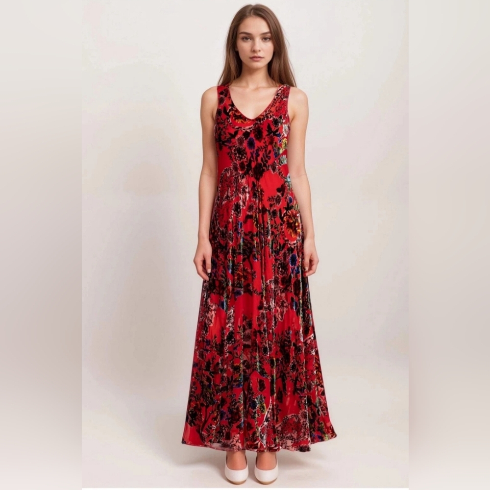 Johnny Was Bobcat Forest Dress Silk Blend Red Floral Maxi Medium NWT Boho Luxe - Picture 6 of 11